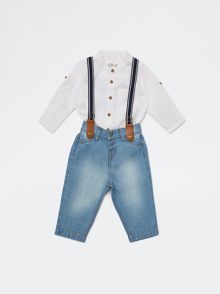 HOP Baby Boys White Cotton Shirt, Jeans, and Suspender Set
