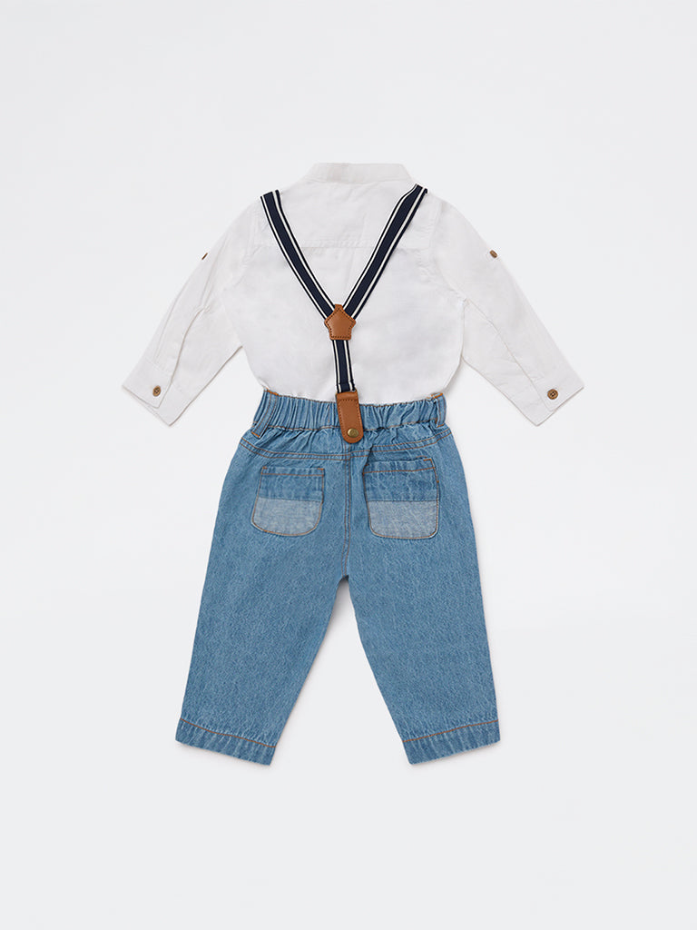 HOP Baby Boys White Cotton Shirt, Jeans, and Suspender Set