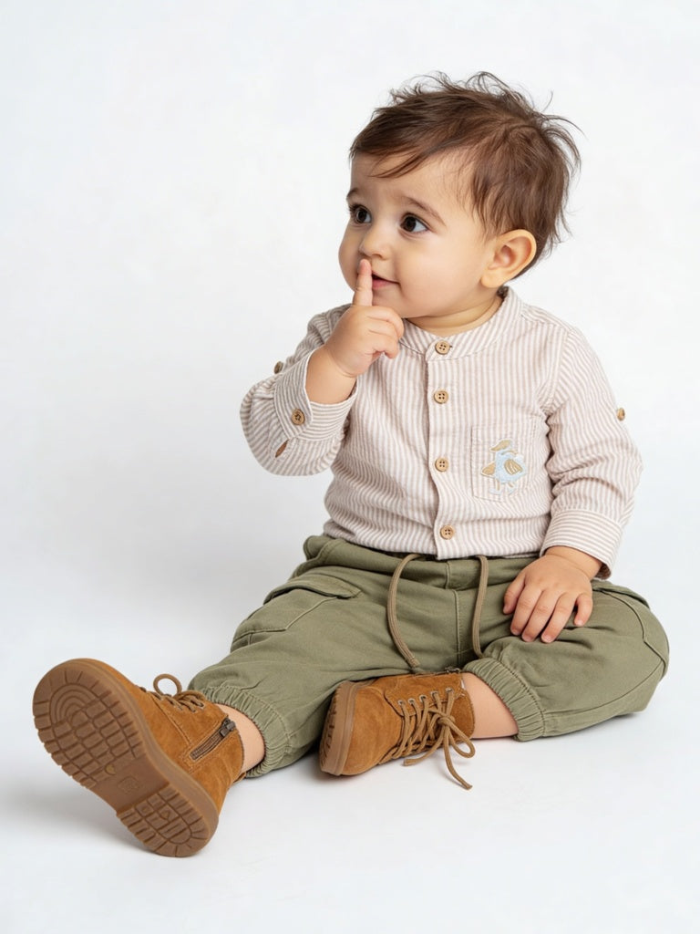 HOP Baby Boys Beige Striped Cotton Shirt