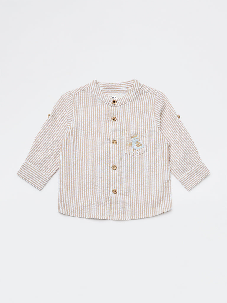 HOP Baby Boys Beige Striped Cotton Shirt