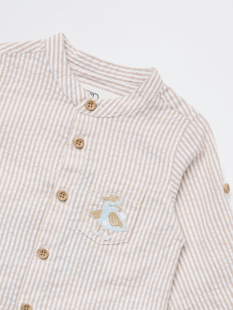 HOP Baby Boys Beige Striped Cotton Shirt