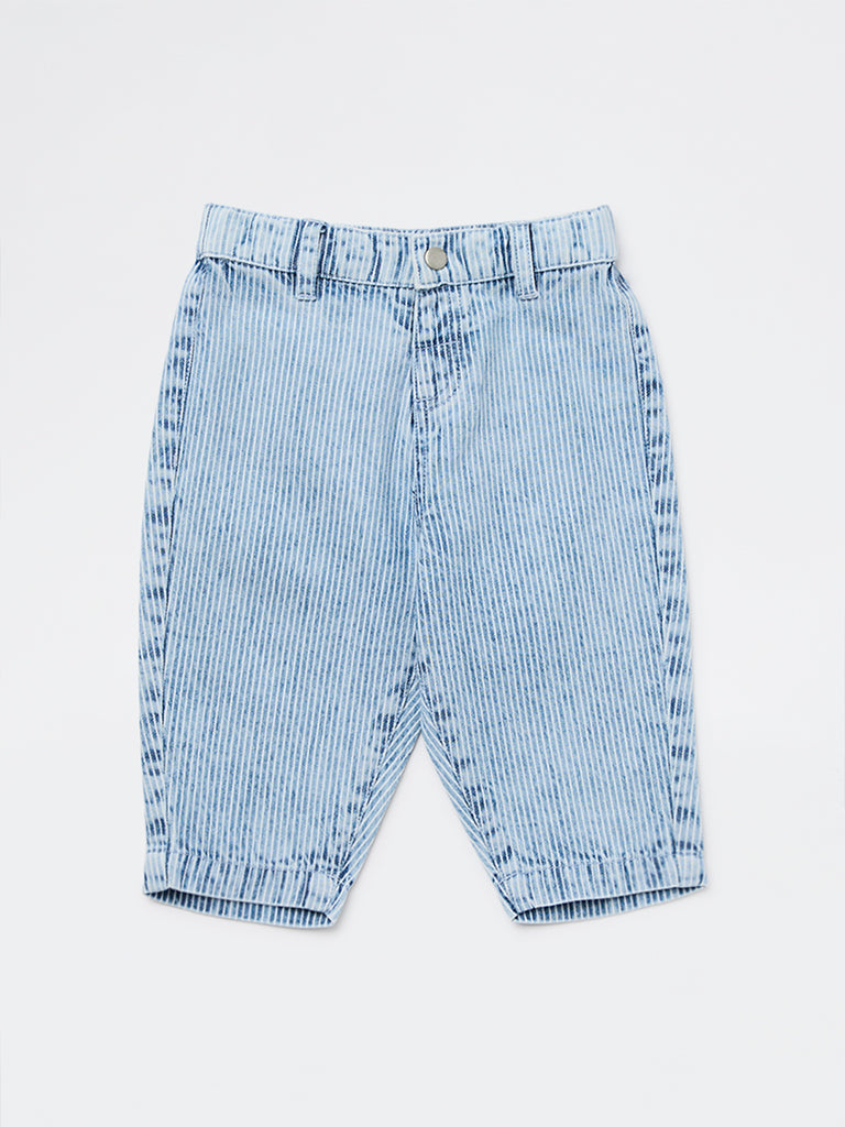 HOP Baby Girls Blue Light Wash Striped Mid-Rise Pants