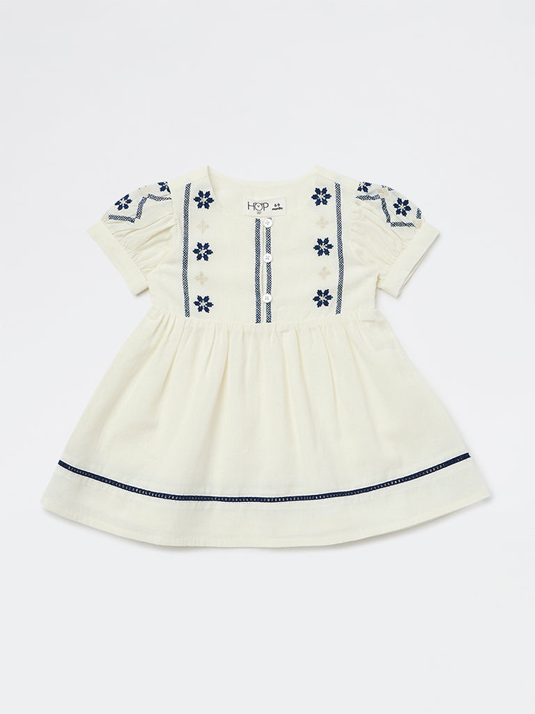 HOP Baby Girls Cream Embroidered Cotton A-Line Dress