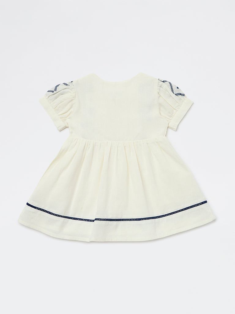 HOP Baby Girls Cream Embroidered Cotton A-Line Dress