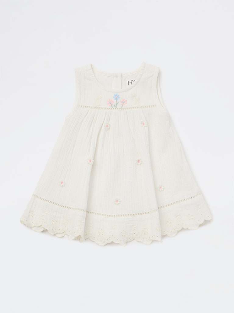 HOP Baby Girls White Floral Embroidered A-Line Cotton Dress