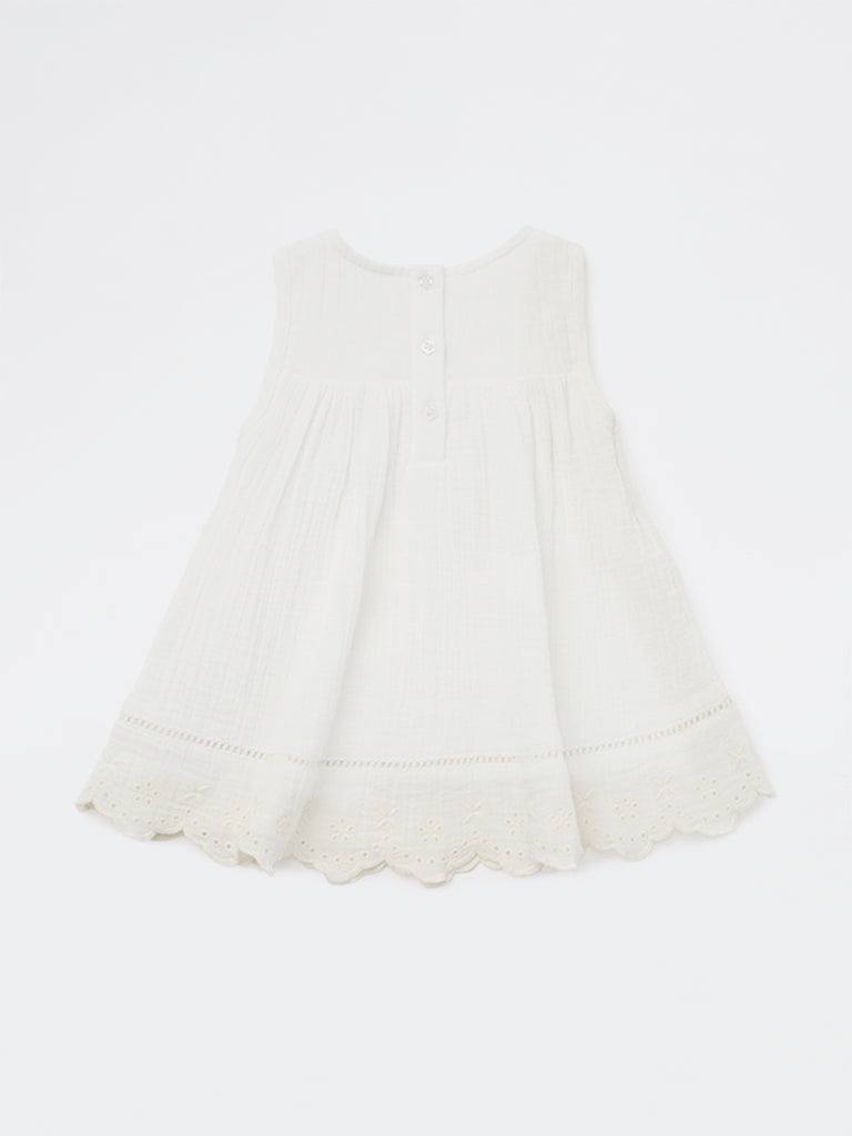 HOP Baby Girls White Floral Embroidered A-Line Cotton Dress
