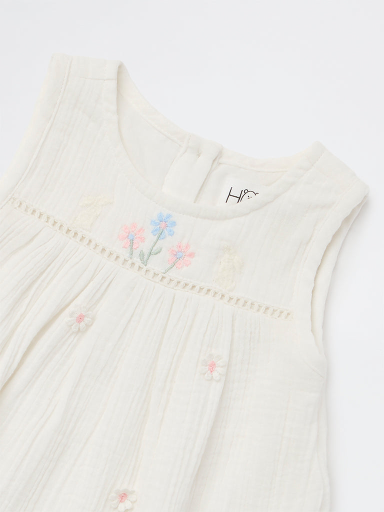 HOP Baby Girls White Floral Embroidered A-Line Cotton Dress