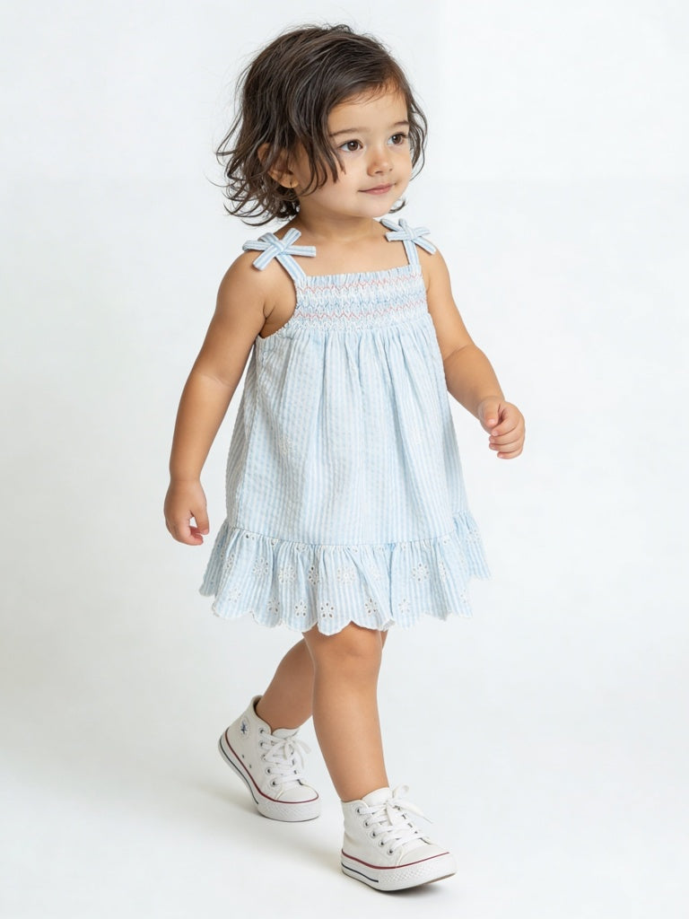 HOP Baby Girls Blue Seersucker Striped A-Line Cotton Dress