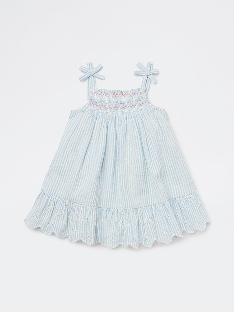 HOP Baby Girls Blue Seersucker Striped A-Line Cotton Dress