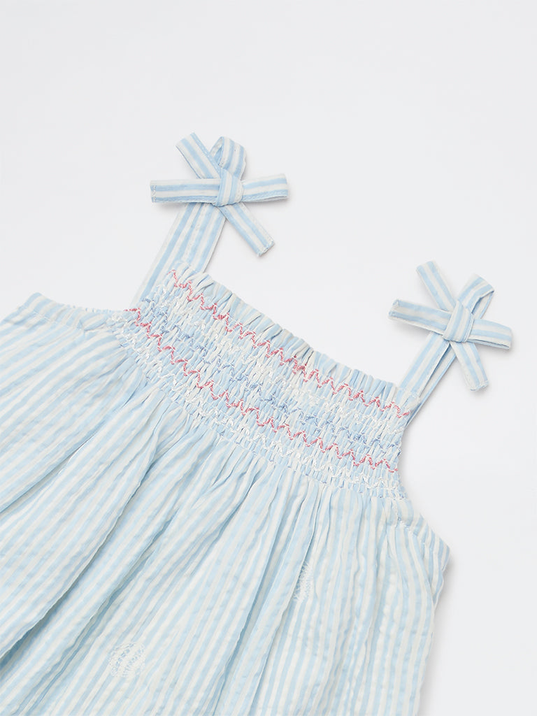 HOP Baby Girls Blue Seersucker Striped A-Line Cotton Dress
