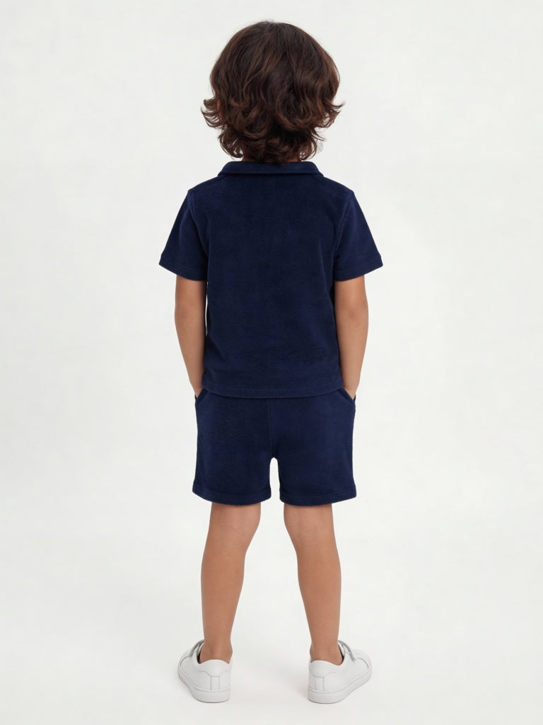 HOP Kids Boys Navy Sea-Life Embroidered Cotton T-Shirt and Shorts Set