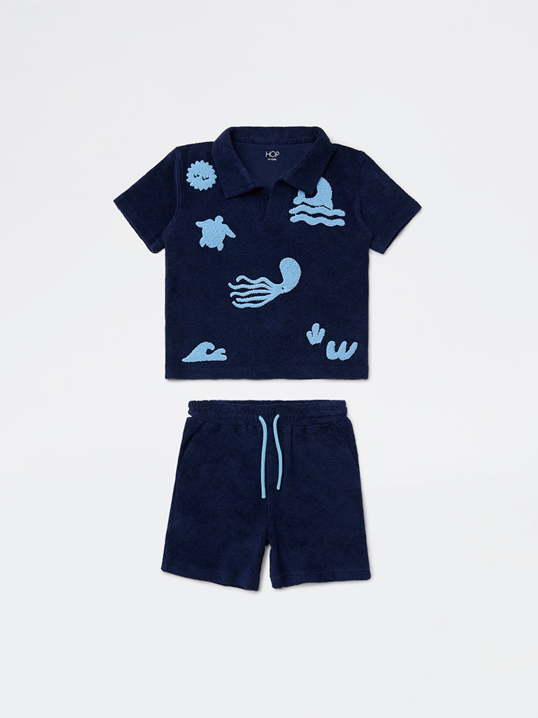 HOP Kids Boys Navy Sea-Life Embroidered Cotton T-Shirt and Shorts Set
