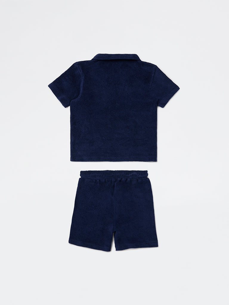 HOP Kids Boys Navy Sea-Life Embroidered Cotton T-Shirt and Shorts Set