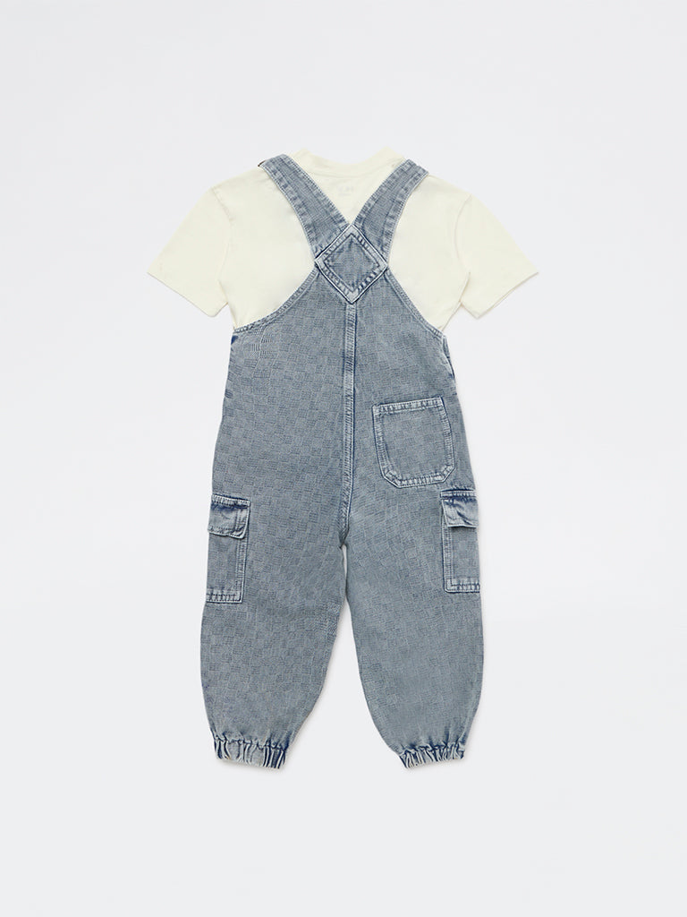HOP Kids Boys Blue Denim Dungaree with T-Shirt Set