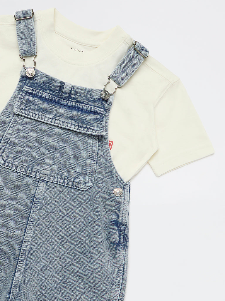 HOP Kids Boys Blue Denim Dungaree with T-Shirt Set