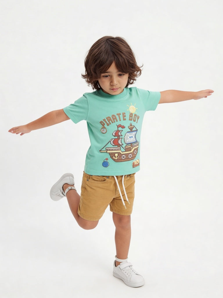 HOP Kids Boys Mint Graphic Design Cotton T-Shirt