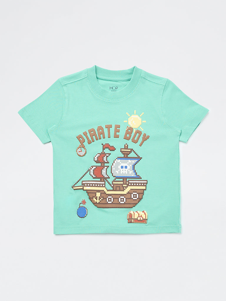 HOP Kids Boys Mint Graphic Design Cotton T-Shirt