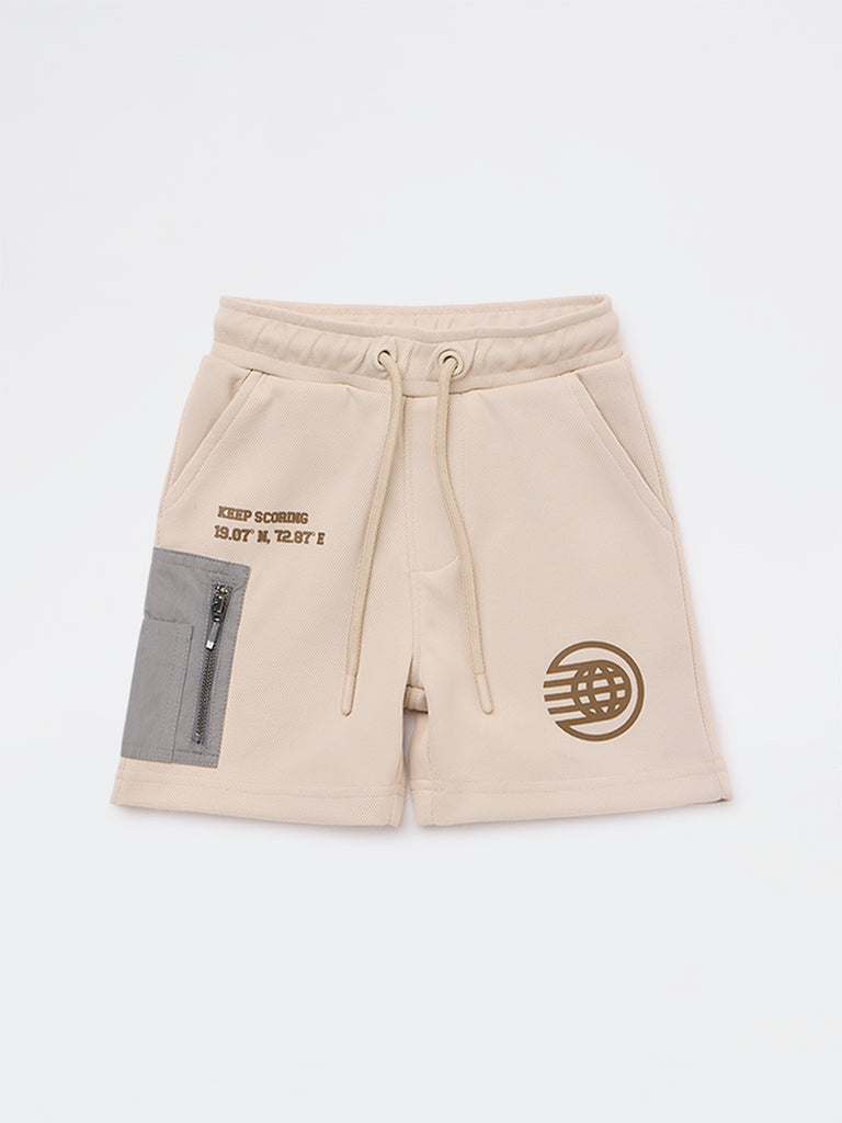 HOP Kids Boys Beige Text Printed Mid-Rise Shorts