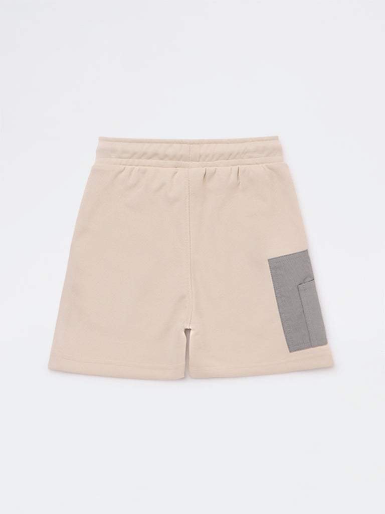 HOP Kids Boys Beige Text Printed Mid-Rise Shorts