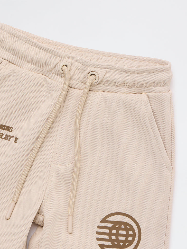 HOP Kids Boys Beige Text Printed Mid-Rise Shorts