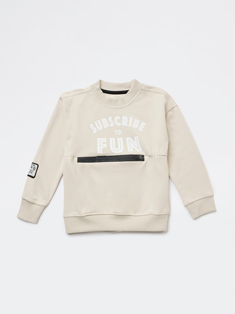 HOP Kids Boys Light Beige Printed Cotton-Blend Sweatshirt