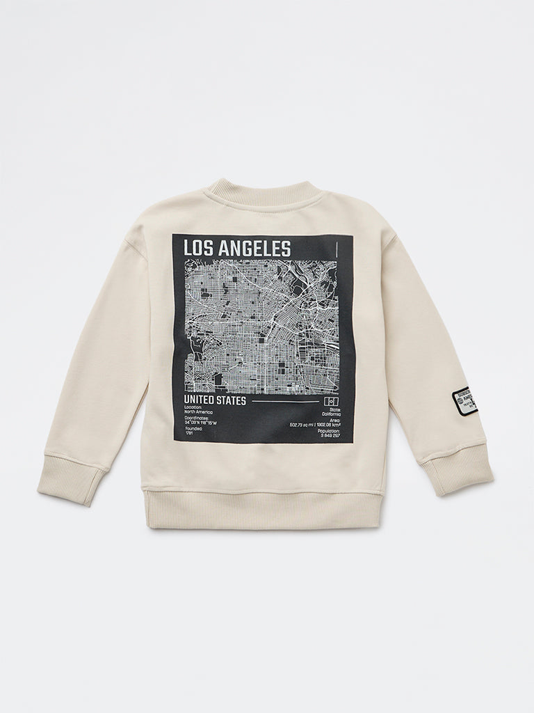 HOP Kids Boys Light Beige Printed Cotton-Blend Sweatshirt