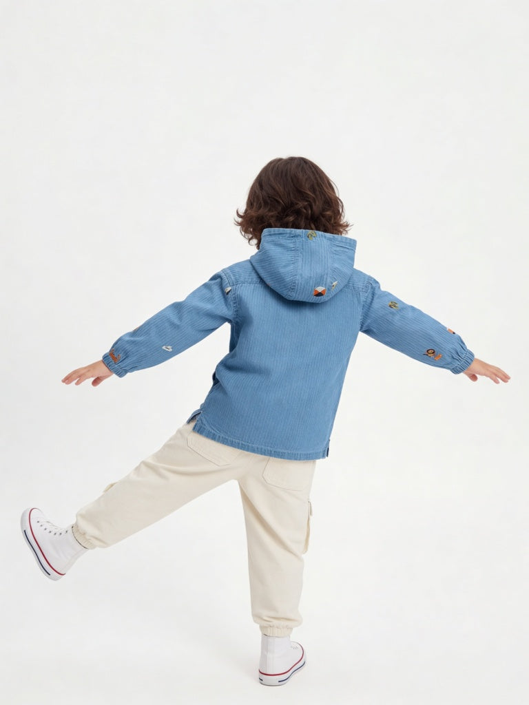 HOP Kids Boys Blue Embroidered Hooded Denim Shirt