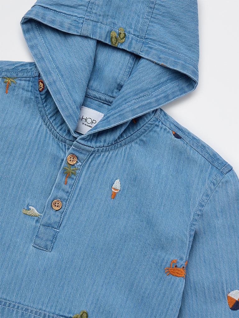 HOP Kids Boys Blue Embroidered Hooded Denim Shirt