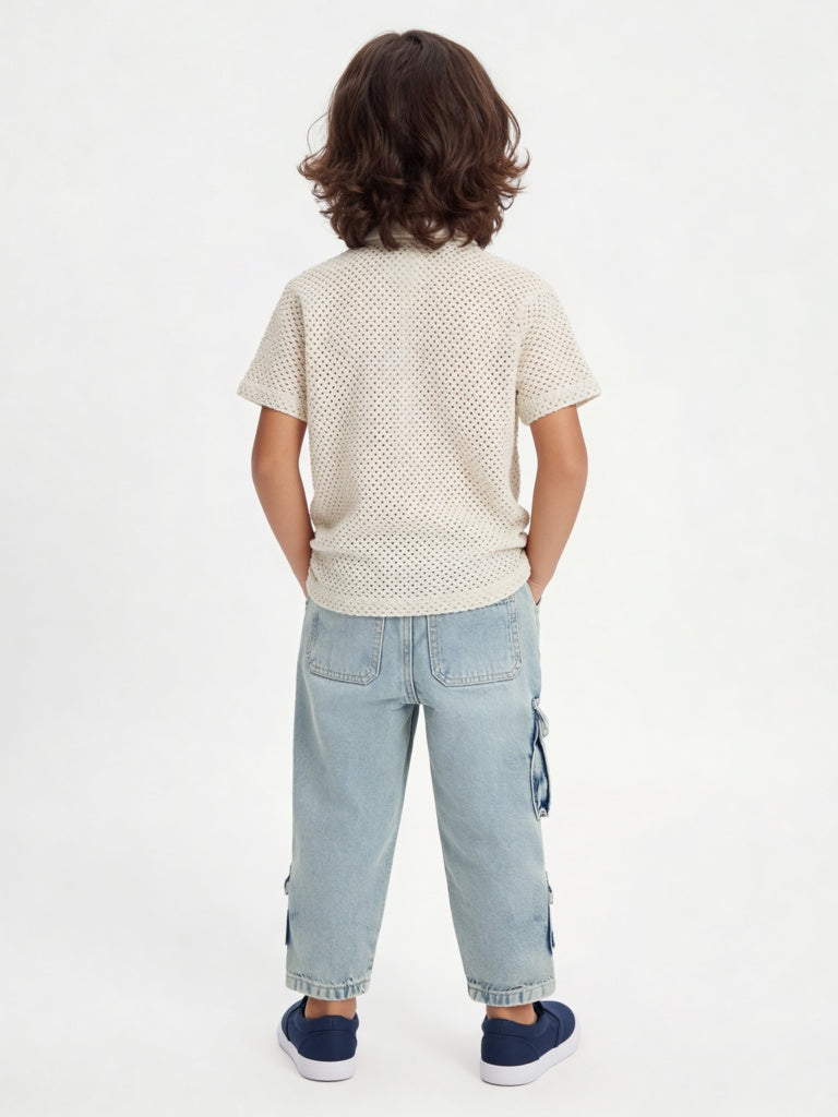 HOP Kids Boys Off-White Crochet-Knitted Cotton Shirt