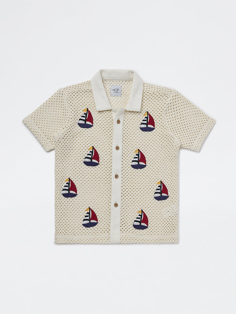 HOP Kids Boys Off-White Crochet-Knitted Cotton Shirt