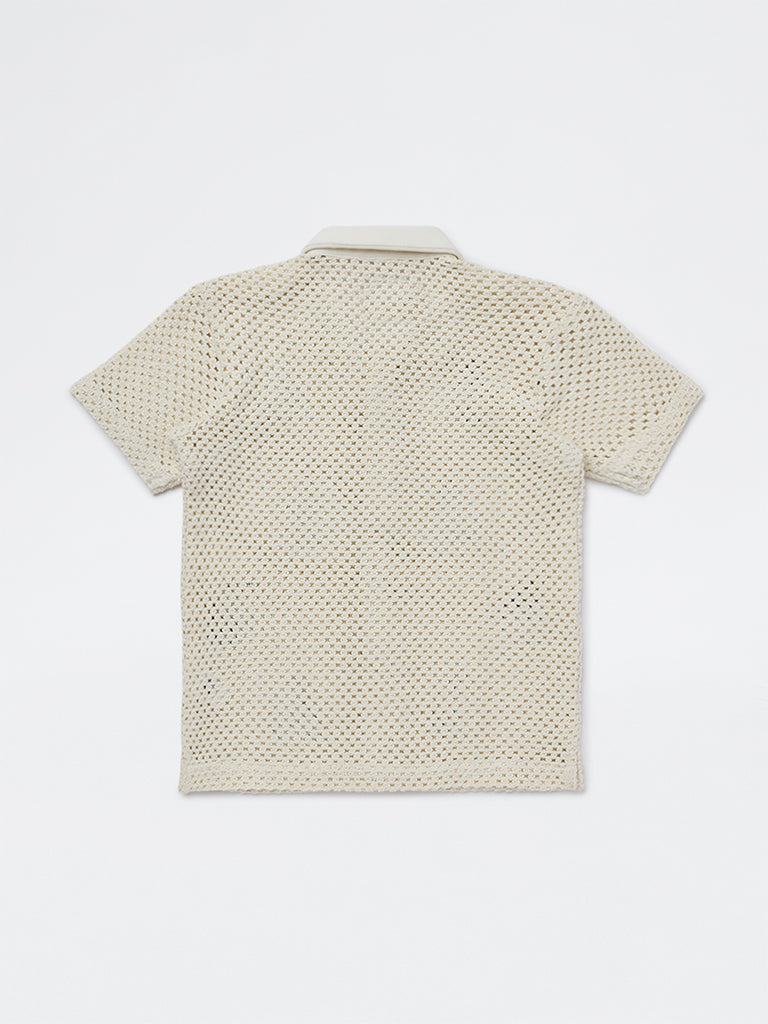HOP Kids Boys Off-White Crochet-Knitted Cotton Shirt