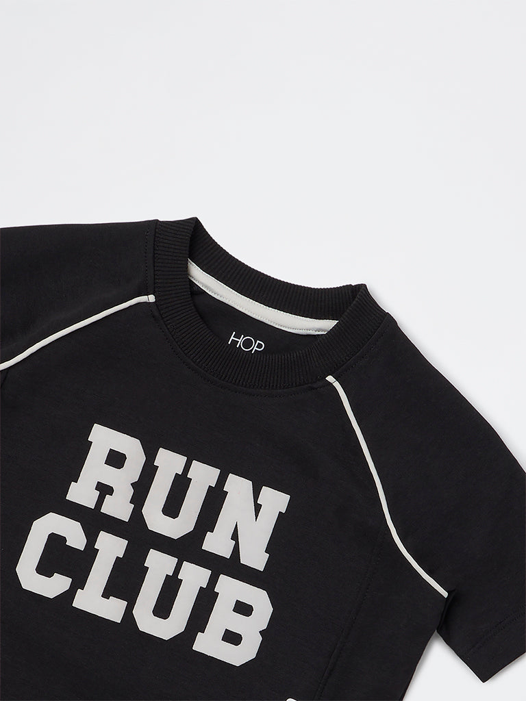 HOP Kids Boys Black Numerical Printed Cotton-Blend T-Shirt