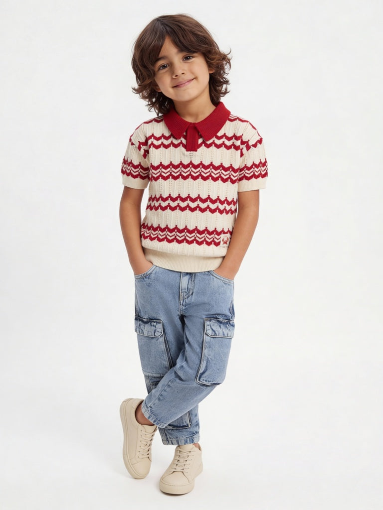 HOP Kids Boys Red Chevron Printed Cotton T-Shirt