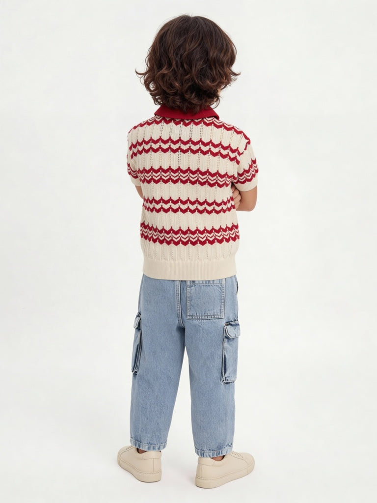 HOP Kids Boys Red Chevron Printed Cotton T-Shirt