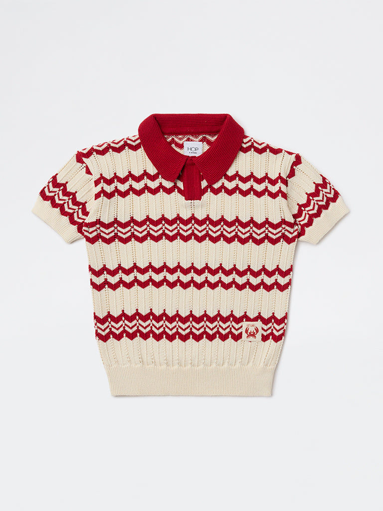 HOP Kids Boys Red Chevron Printed Cotton T-Shirt