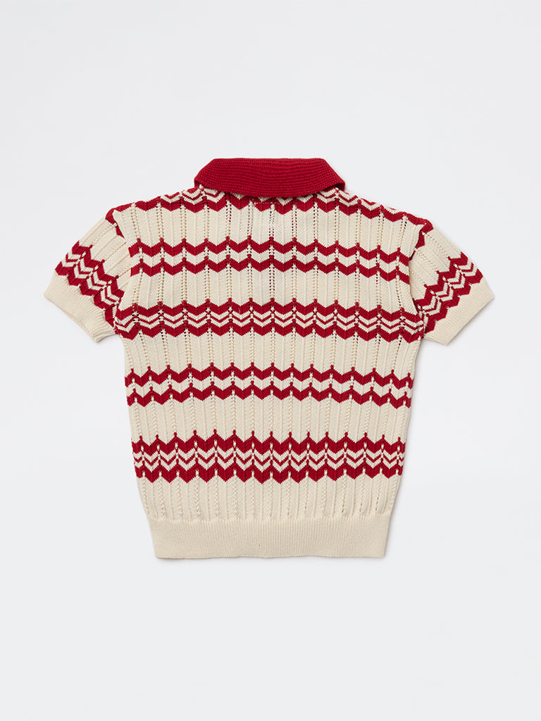 HOP Kids Boys Red Chevron Printed Cotton T-Shirt