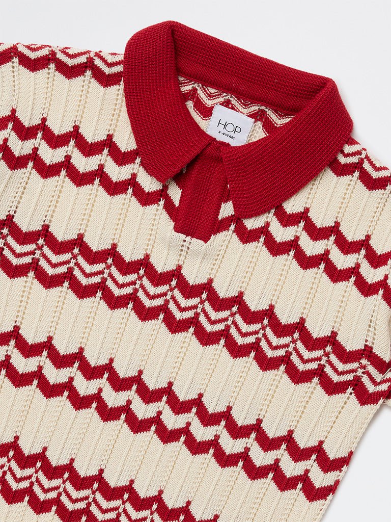 HOP Kids Boys Red Chevron Printed Cotton T-Shirt
