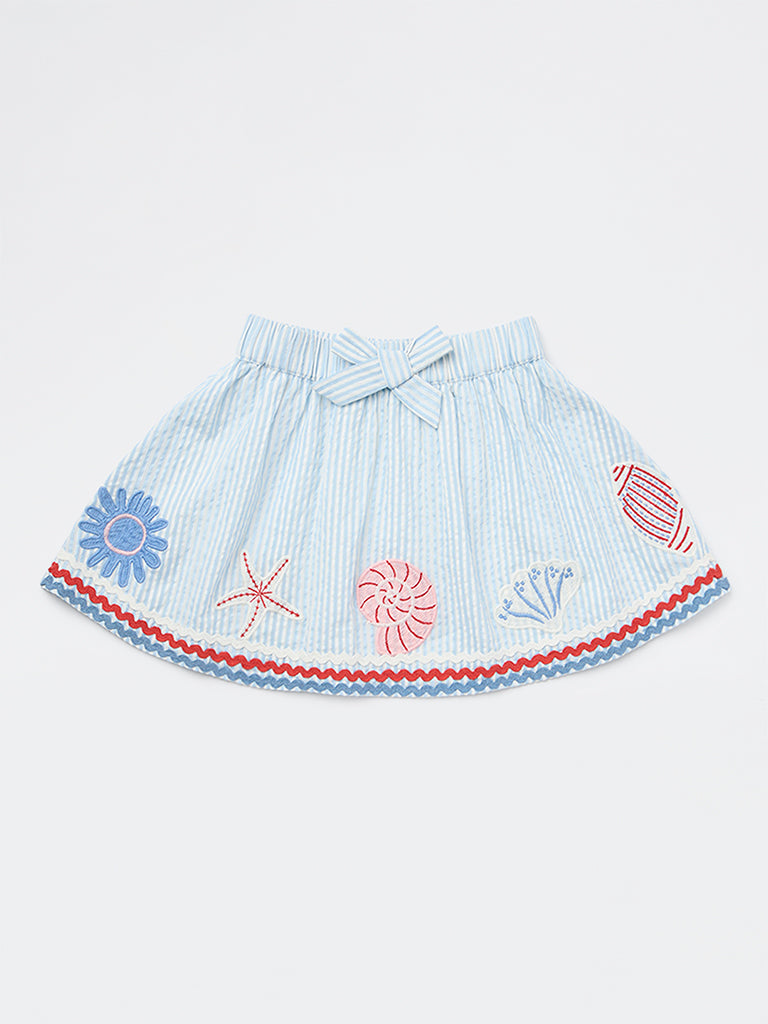 HOP Kids Girls Blue Embroidered High-Rise Cotton Skirt