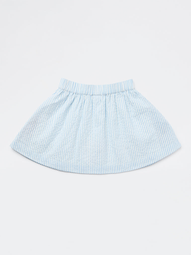 HOP Kids Girls Blue Embroidered High-Rise Cotton Skirt