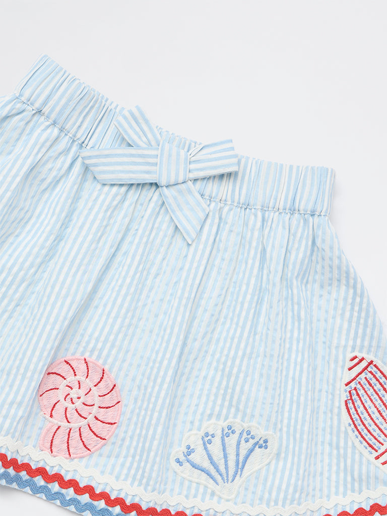 HOP Kids Girls Blue Embroidered High-Rise Cotton Skirt