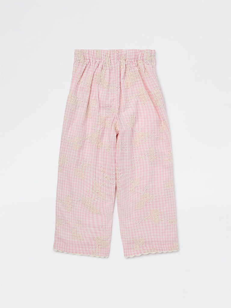 HOP Kids Girls Pink Checkered High-Rise Cotton Pants
