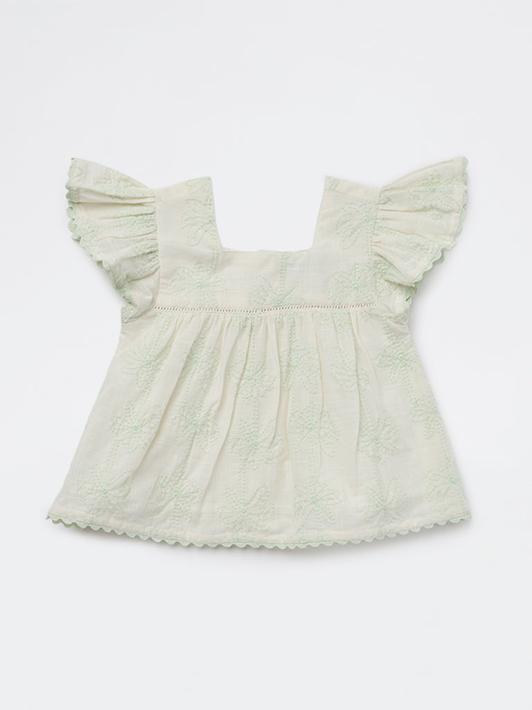 HOP Kids Girls Sage Embroidered A-Line Cotton Top