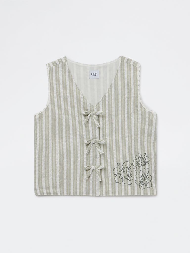 HOP Kids Girls Sage Striped Tie-Up Cotton Waistcoat