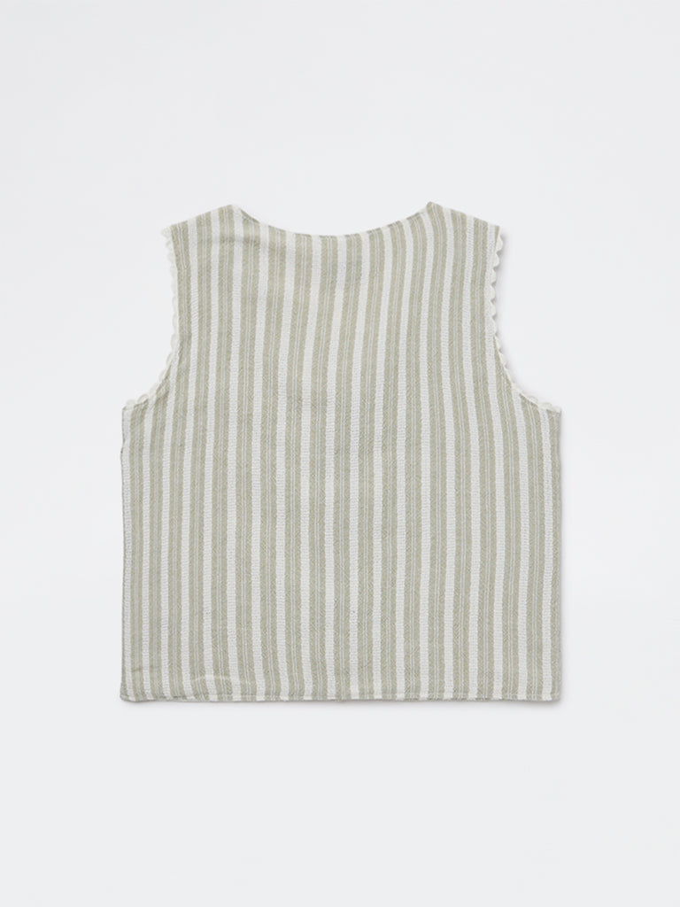HOP Kids Girls Sage Striped Tie-Up Cotton Waistcoat