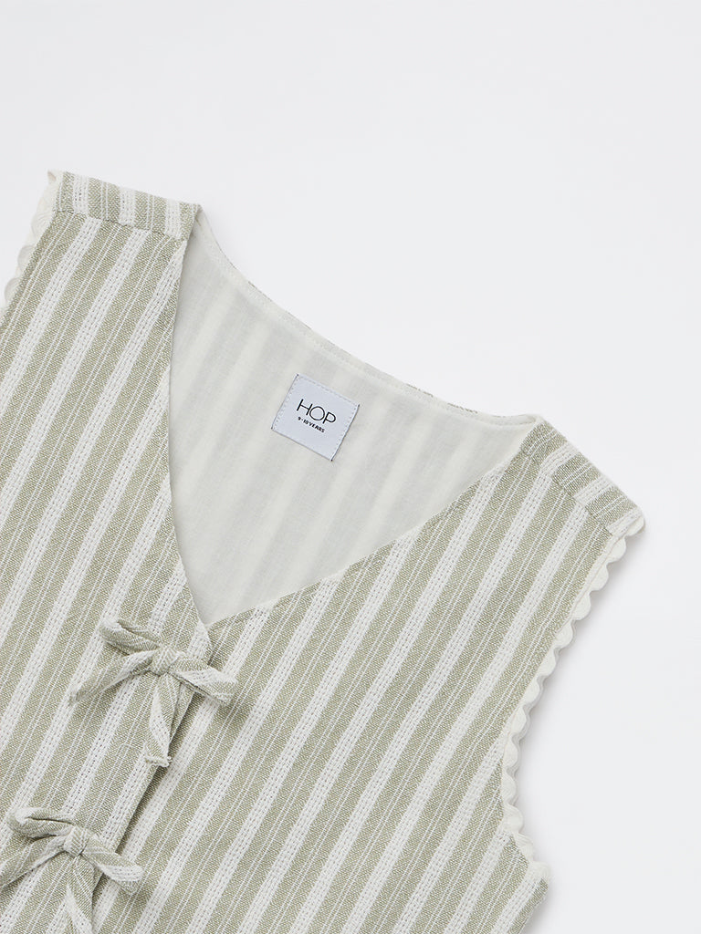 HOP Kids Girls Sage Striped Tie-Up Cotton Waistcoat