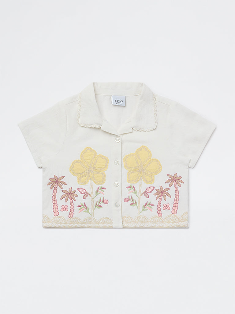 HOP Kids Girls Off-White Embroidered Resort-Fit Cotton Shirt