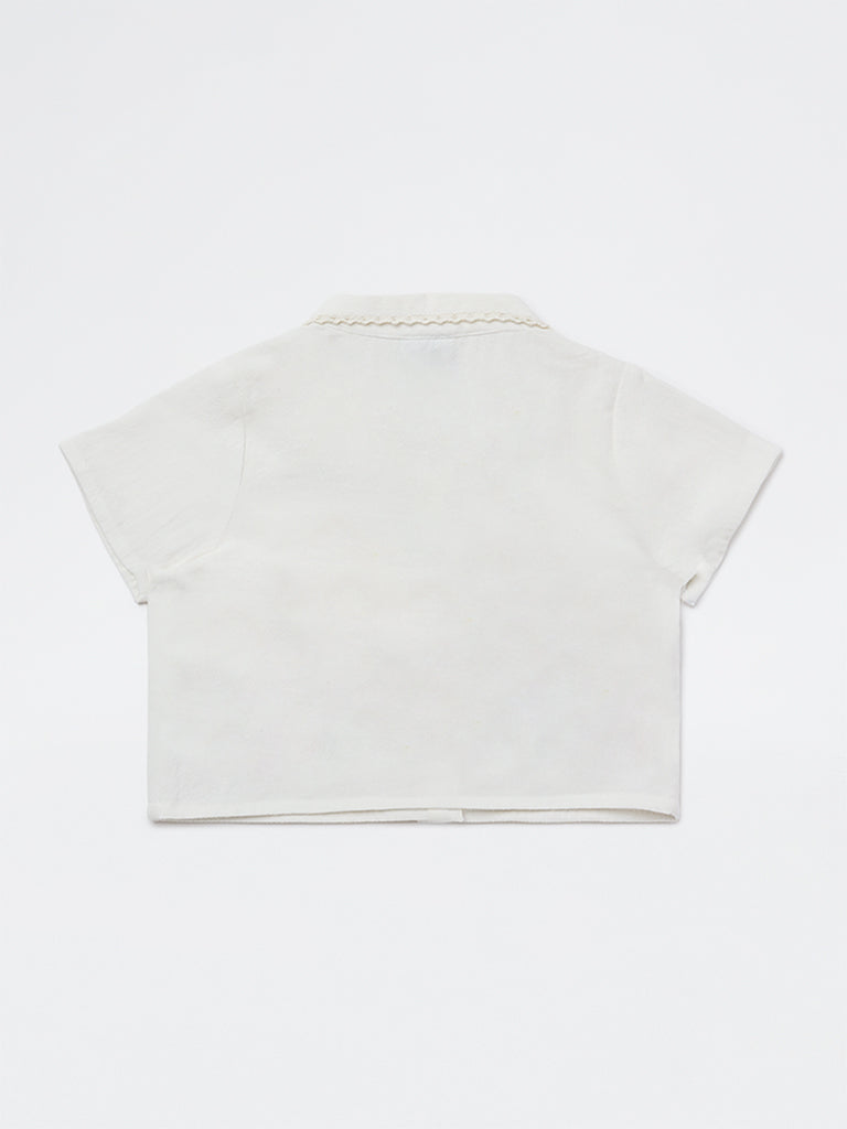 HOP Kids Girls Off-White Embroidered Resort-Fit Cotton Shirt