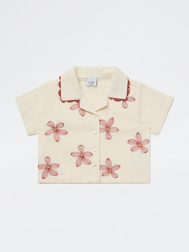HOP Kids Girls Cream Floral Embroidered Resort-Fit Cotton Shirt