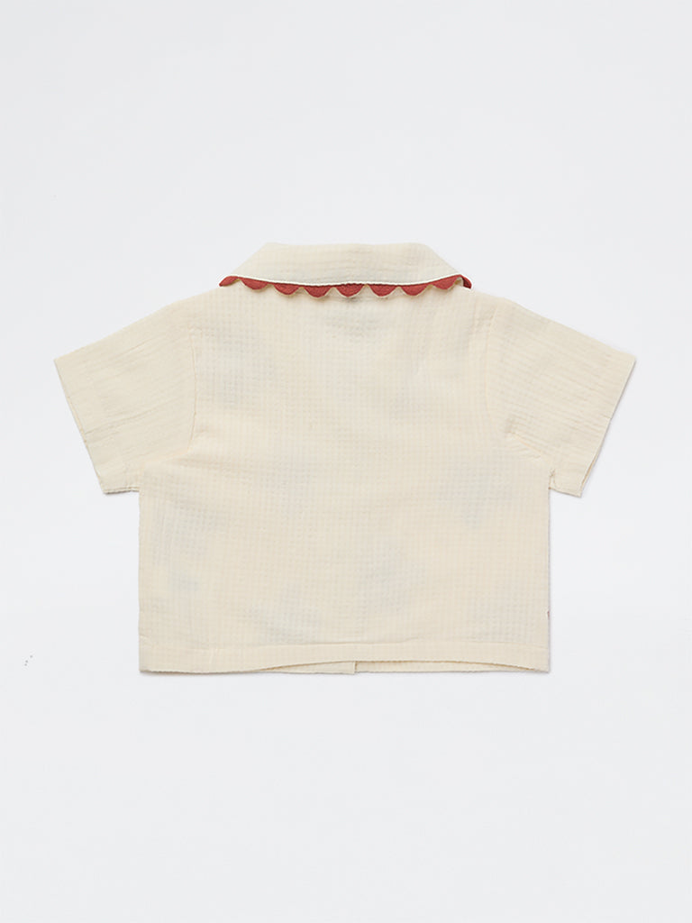 HOP Kids Girls Cream Floral Embroidered Resort-Fit Cotton Shirt