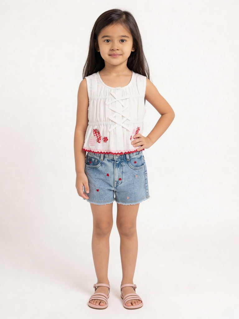 HOP Kids Girls White Embroidered Cotton Top
